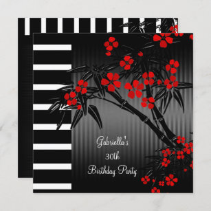 Invitación Bambú blanco negro de flores rojas asiáticas 30 cu