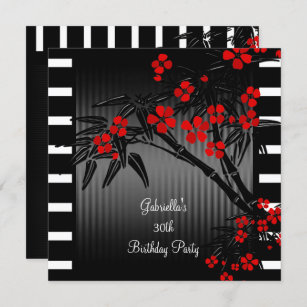 Invitación Bambú blanco negro de flores rojas asiáticas 30 cu