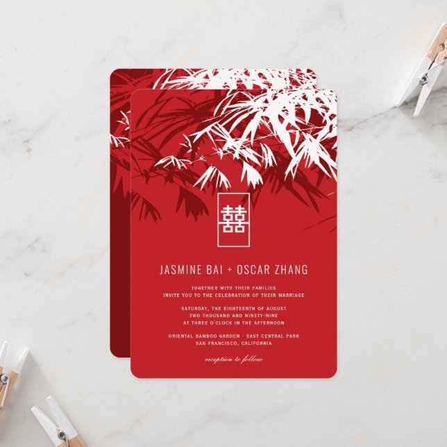 Invitación Bambú blanco rojo deja Boda chino Xi doble (Anverso/Reverso In Situ)