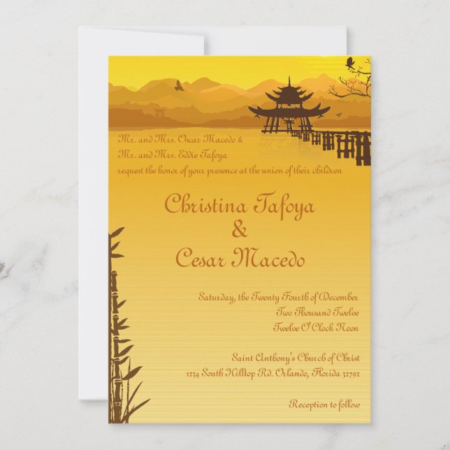 Invitación bambú caliente de Oriental de la puesta del sol de (Anverso)