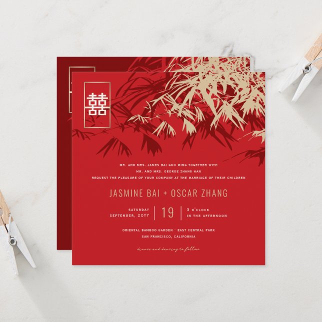 Invitación Bambú deja doble felicidad a Boda chino (Anverso/Reverso In Situ)