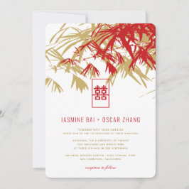 Invitación Bambú dorado rojo deja Boda chino doble Xi
