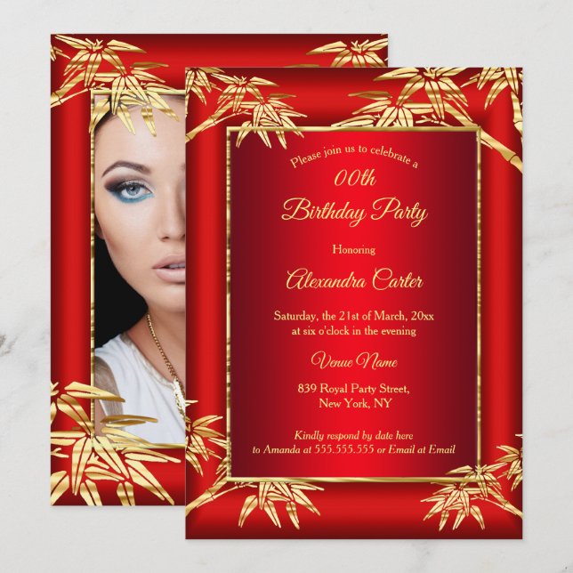 Invitación Bambú dorado rojo real foto Fiesta de cumpleaños (Anverso / Reverso)