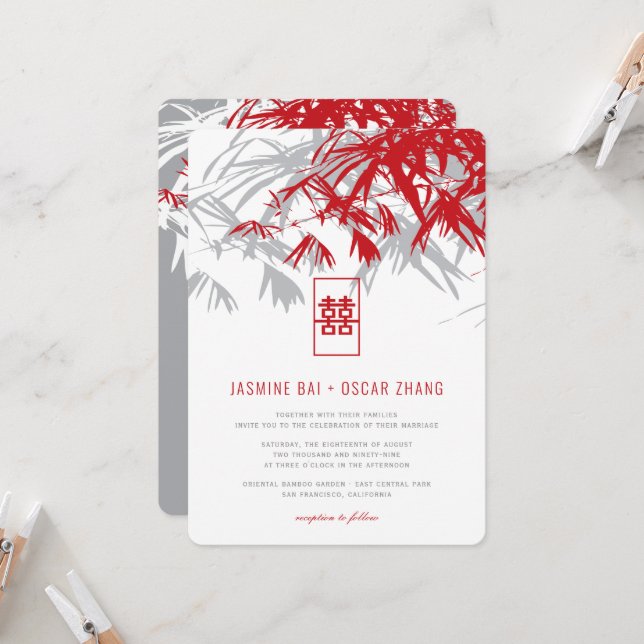 Invitación Bambú gris rojo deja Boda chino Xi doble (Anverso/Reverso In Situ)