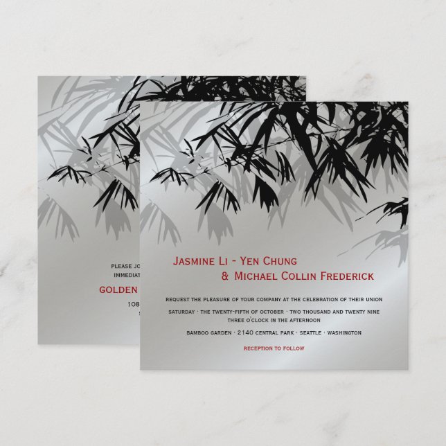 Invitación Bambú oriental deja Boda asiático negro plateado (Anverso / Reverso)