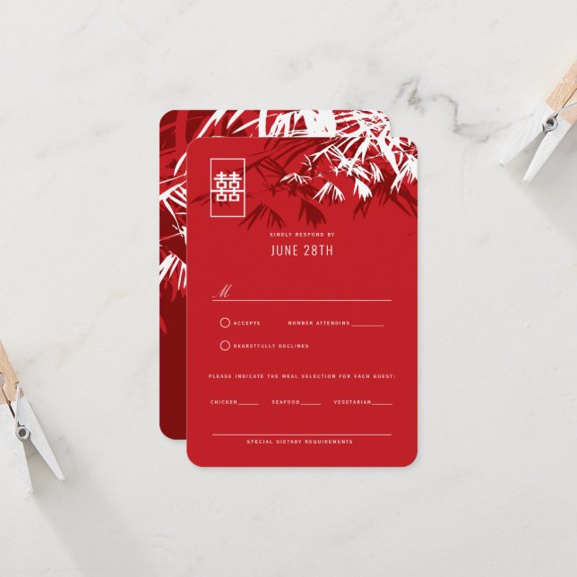 Invitación Bambú rojo y borgoña deja boda china RSVP (Anverso/Reverso In Situ)