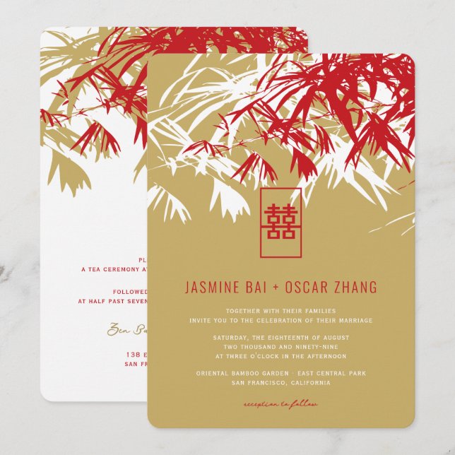 Invitación Bambú rojo y oro deja Boda asiático zen moderno (Anverso / Reverso)