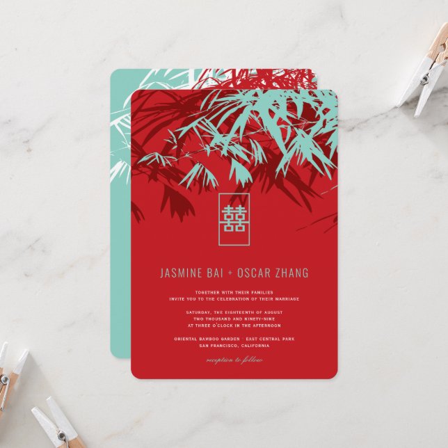Invitación Bambú rojo y turquesa deja a Boda chino zen (Anverso/Reverso In Situ)
