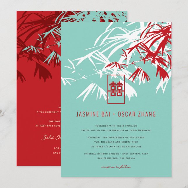Invitación Bambú Rojo Y Turquesa Deja A Zen Boda Asiático (Anverso / Reverso)