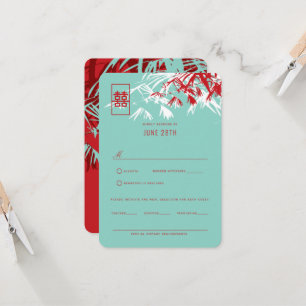 Invitación Bambú rojo y turquesa deja boda china RSVP