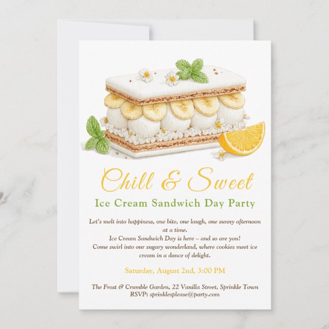 Invitación Banana Ice Cream Sandwich Day Watercolor (Anverso)