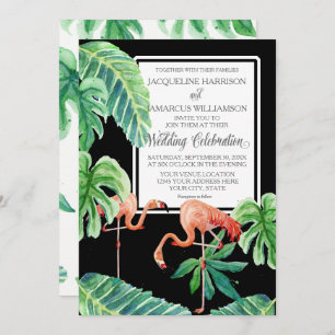 Invitación Banana Leaf Watercolor Pink Flamingo Beach Art