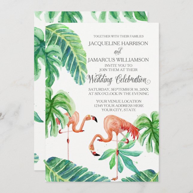 Invitación Banana Leaf Watercolor Pink Flamingo Beach Art (Anverso / Reverso)