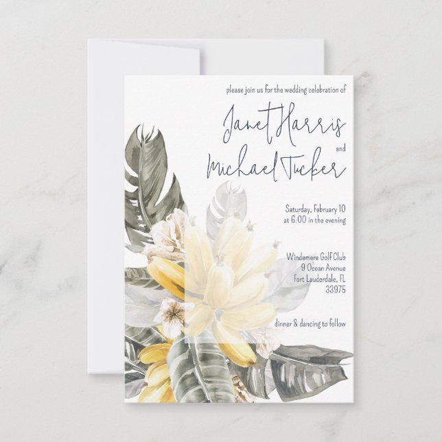 Invitación Banana verde tropical y amarilla deja Boda (Anverso)
