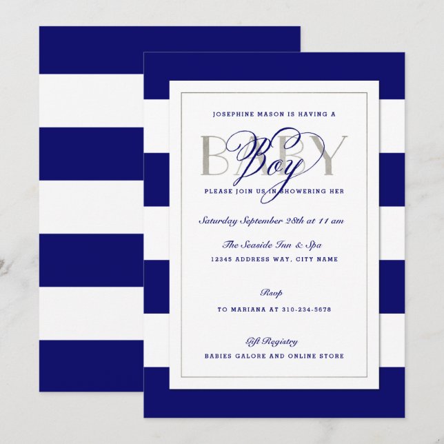 Invitación Banda azul de la marina niño bebé ducha Faux Silve (Anverso / Reverso)