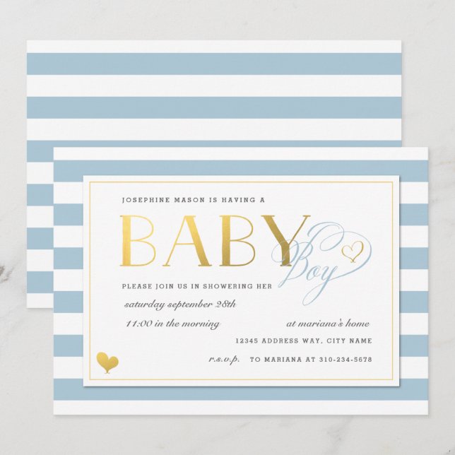 Invitación Banda azul y blanca Faux Gold Baby Shower (Anverso / Reverso)