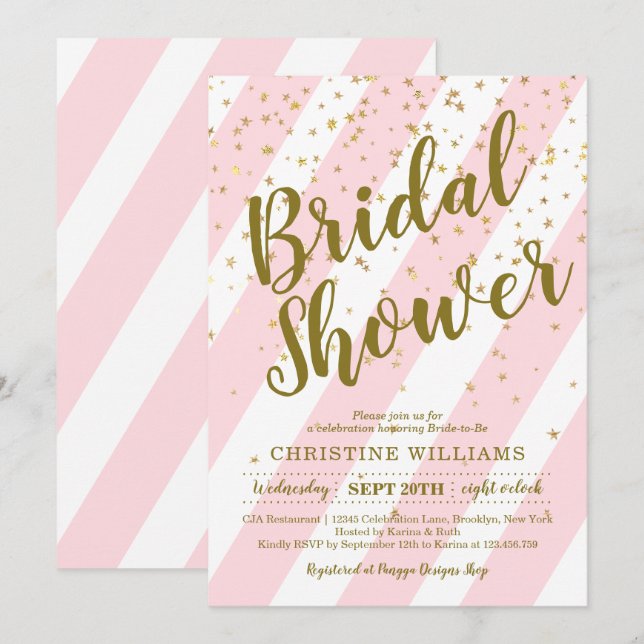 Invitación Banda blanca rosada dorada Confetti Ducha de novia (Anverso / Reverso)