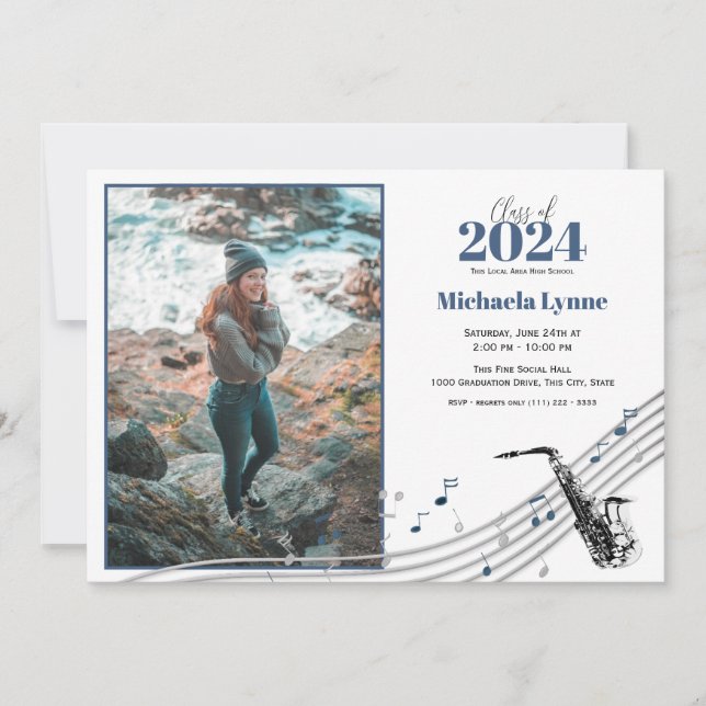 Invitación Banda de graduación de Marcha de Saxofón con foto (Anverso)