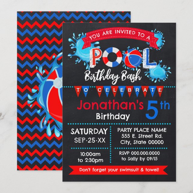 Invitación Banda de natalidad de la piscina Bash Rojo Azul Bl (Anverso / Reverso)