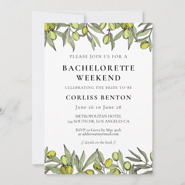 Invitación Banda de Olive moderna Bachelorette Weekend (Anverso)