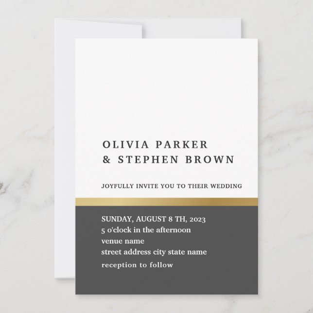 Invitación Banda de oro. Elegante Boda blanco y negro (Anverso)