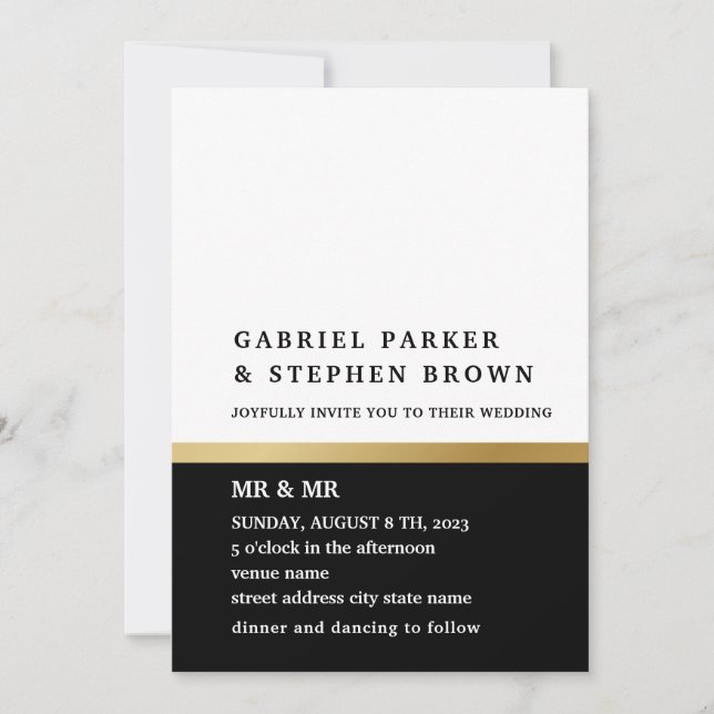 Invitación Banda de oro. Elegante Boda de gey blanco y negro (Anverso)