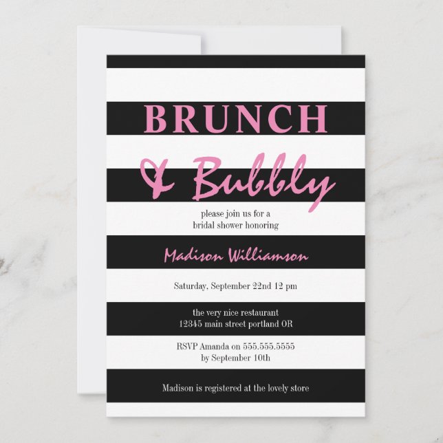 Invitación Banda negra y blanca con brunch rosado y burbujean (Anverso)