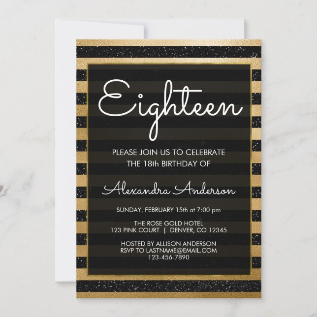Invitación Banda negra y Relieve metalizado dorado 18º cumple (Anverso)