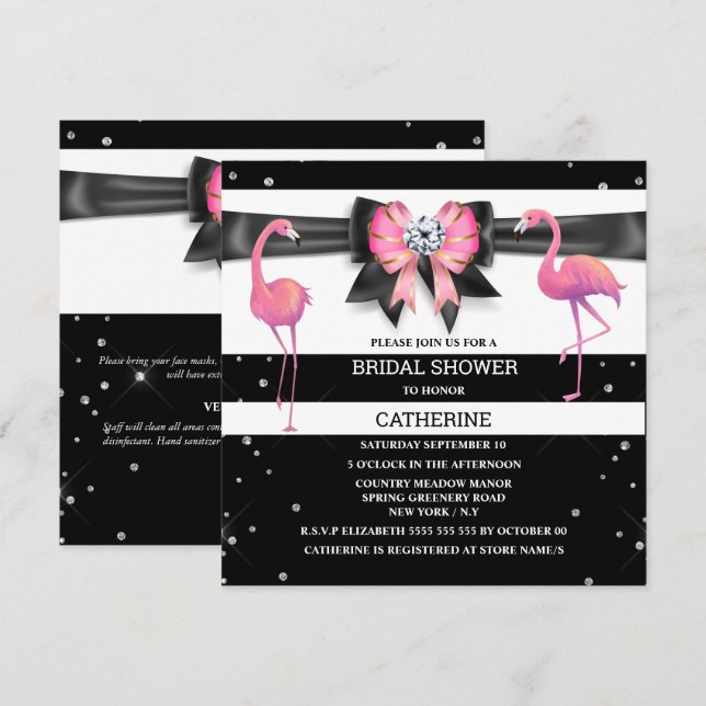 Invitación Banda rosa blanca negra purpurina arco flamingo mo (Anverso / Reverso)
