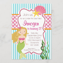 Invitación Banda turquesa, sirena dorada de polka rosa