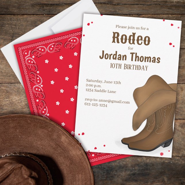 Invitación Bandana roja simple de rodeo de Cowboy lindo cumpl (Birthday party invitation with the whimsical cool western rodeo theme. )