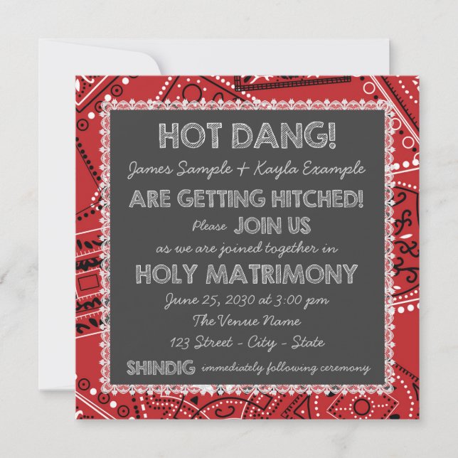 Invitación Bandana Rojo Rústico País Pizarra Boda (Anverso)