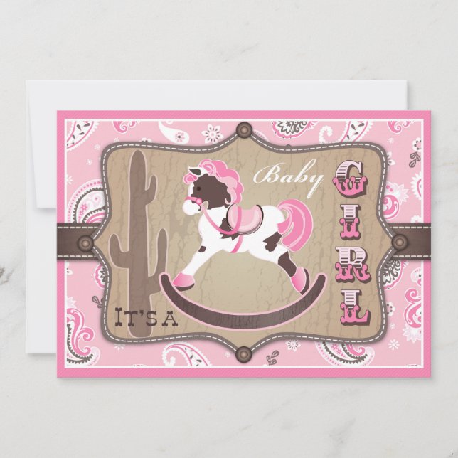 Invitación Bandanna Print & Rocling Horse Cowgirl Baby Shower (Anverso)