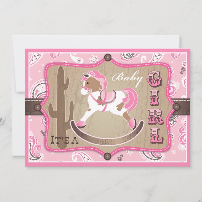 Invitación Bandanna Print & Rocling Horse Cowgirl Baby Shower (Anverso)