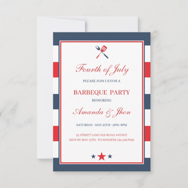Invitación Bandas azules blancas rojas patrióticas 4 de julio (Anverso)