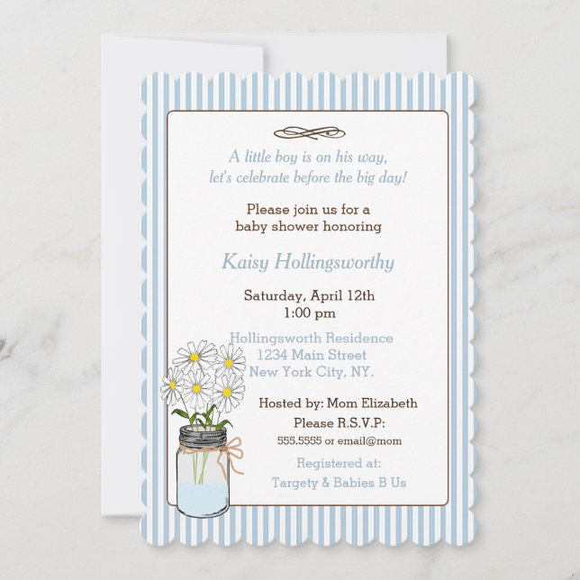 Invitación Bandas azules con Baby Shower de Mason Jar (Anverso)