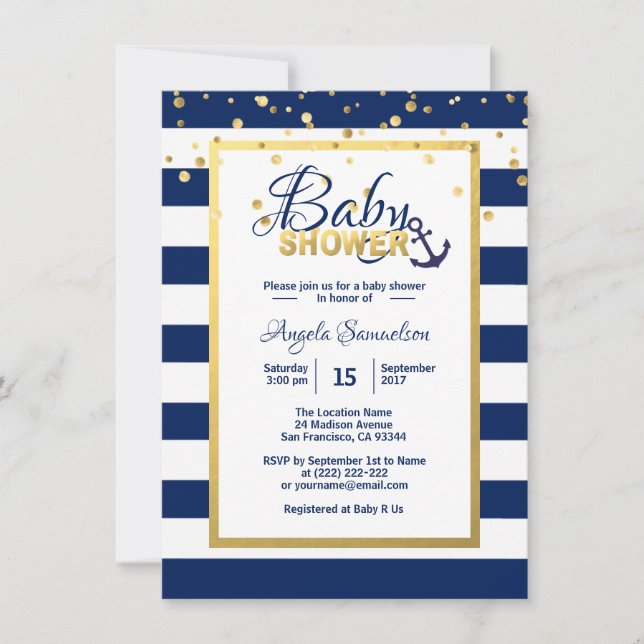 Invitación Bandas blancas azules de la Marina de Oro Náutica  (Anverso)