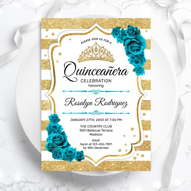Invitación Bandas blancas de oro verde azulado Quinceanera (Subido por el creador)