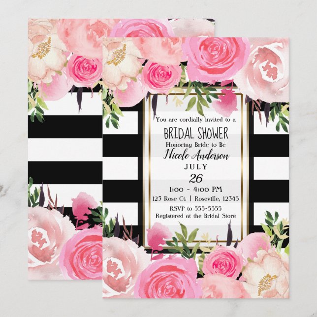 Invitación Bandas blancas negras Doradas Floral Rosa Ducha de (Anverso / Reverso)