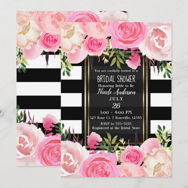 Invitación Bandas blancas negras Doradas Floral Rosa Ducha de (Anverso / Reverso)