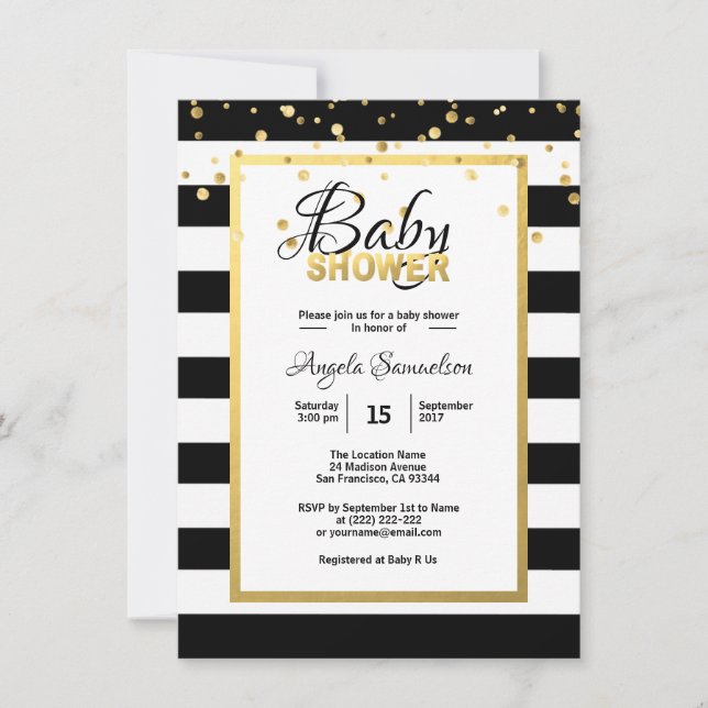 Invitación Bandas blancas negras doradas modernas Baby Shower (Anverso)