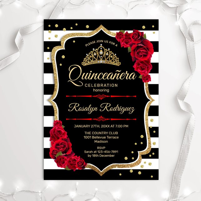 Invitación Bandas blancas rojas de oro Quinceanera (Subido por el creador)