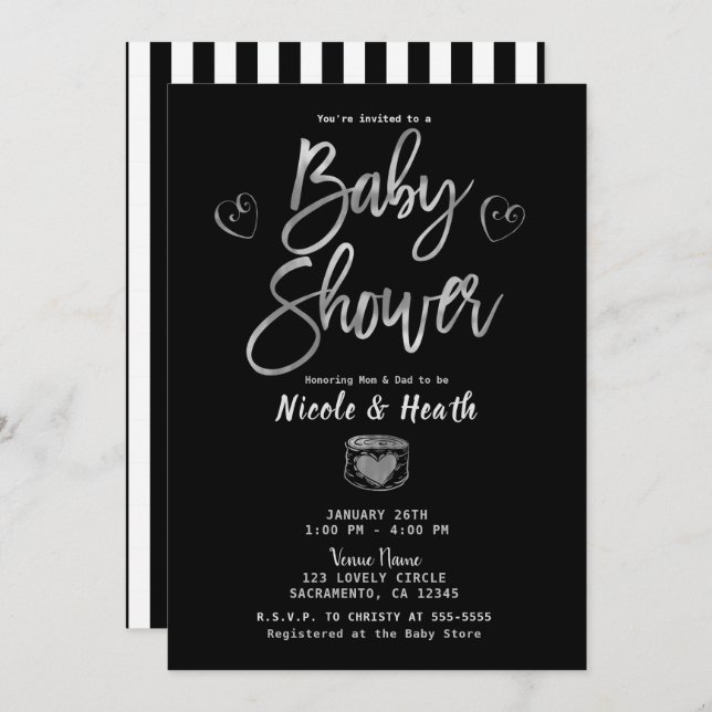 Invitación Bandas blancas rusas y Baby Shower plateado (Anverso / Reverso)