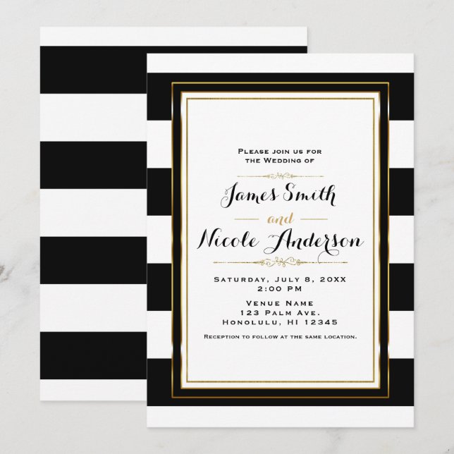 Invitación Bandas blancas y negras Moda de oro elegante Boda (Anverso / Reverso)