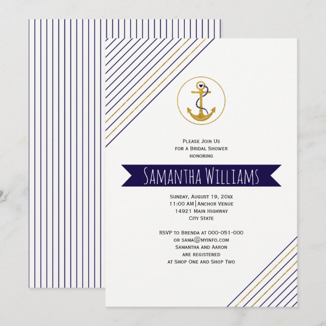 Invitación Bandas de anclaje de oro boda náutico ducha de nov (Anverso / Reverso)