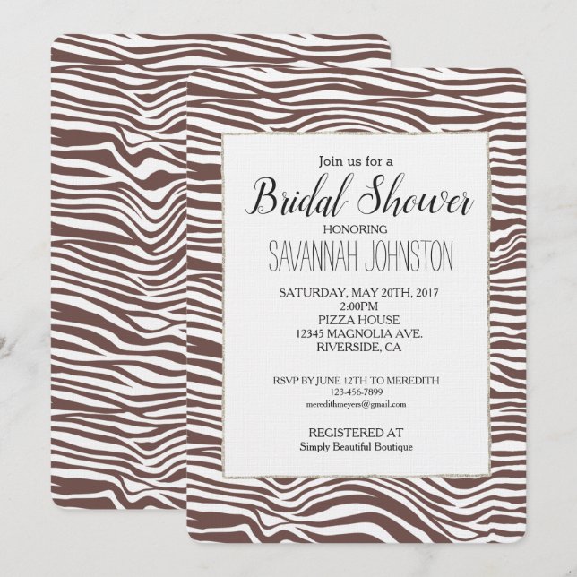 Invitación Bandas de impresión de cebra de animal marrón Duch (Anverso / Reverso)