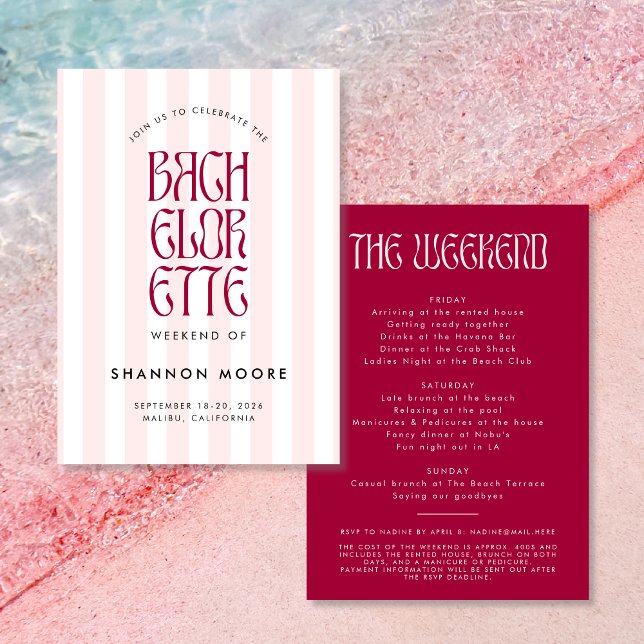 Invitación Bandas de magenta rosa negrita Bachelorette Weeken (Pink and bold - a fun Bachelorette weekend invitation with bold typography and a striped background.)