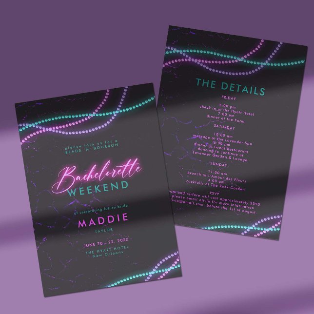 Invitación Bandas de Nueva Orleans Neon Bachelorette Itinerar (new orleans bachelorette weekend itinerary invitation neon pink teal purple beads and bourbon classy)
