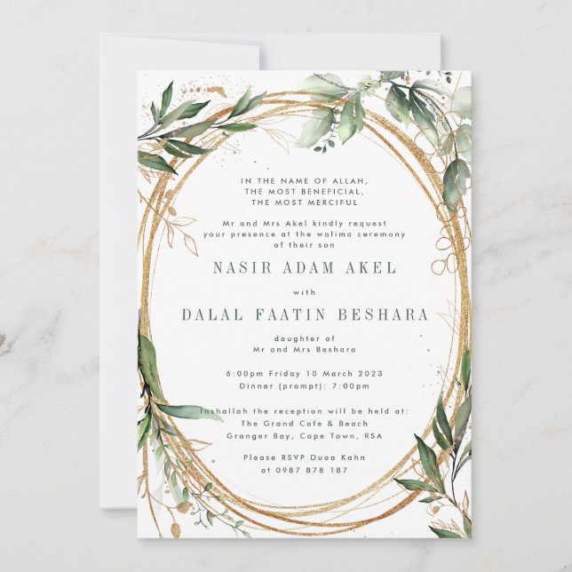 Invitación Bandas de oro Eucalipto Elegante Boda Nikkah (Anverso)