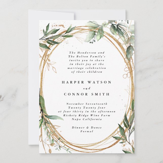 Invitación Bandas de oro Eucalyptus Elegante Boda (Anverso)